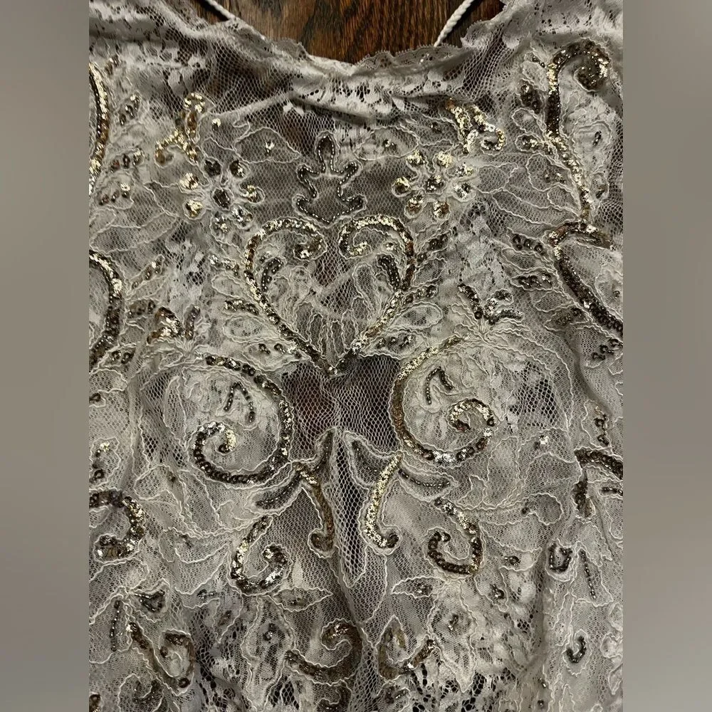 FREE PEOPLE Intimately Bodysuit White Embellished Lace Mesh Sheer Sz Small